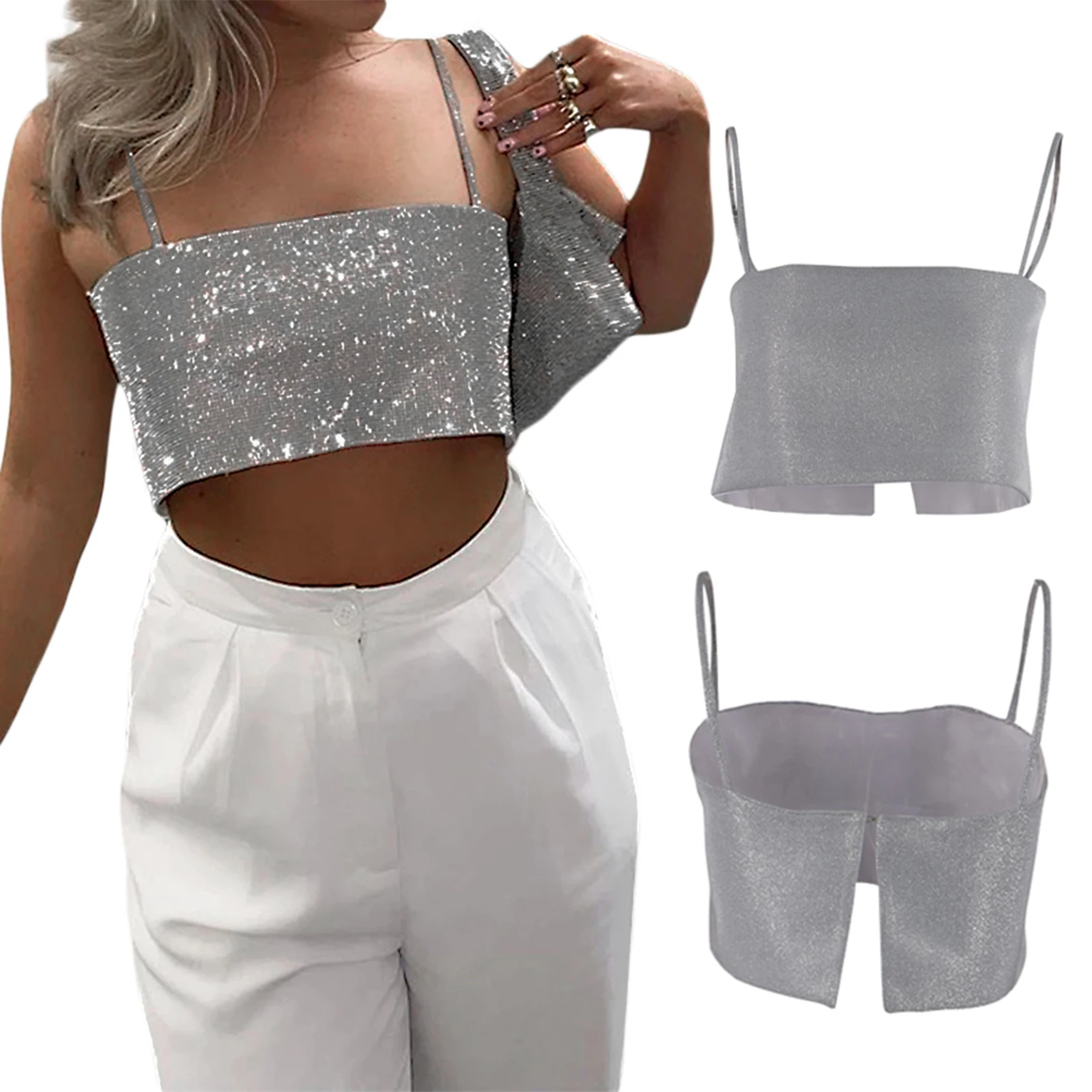 2024 Summer Women\'s Spaghetti Strap Sequined Camisole Fashion Shiny Silver Cropped Sleeveless Vest Sexy Slit Casual Tanks Tops