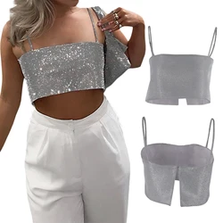 2024 Summer Women's Spaghetti Strap Sequined Camisole Fashion Shiny Silver Cropped Sleeveless Vest Sexy Slit Casual Tanks Tops