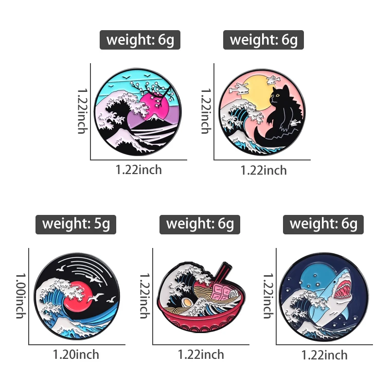 Japanese Art Painting Enamel Pins The Great Wave Of Kanagawa Brooches Creative Sunset Sunrise Ramen Lapel Badge Jewelry Gift