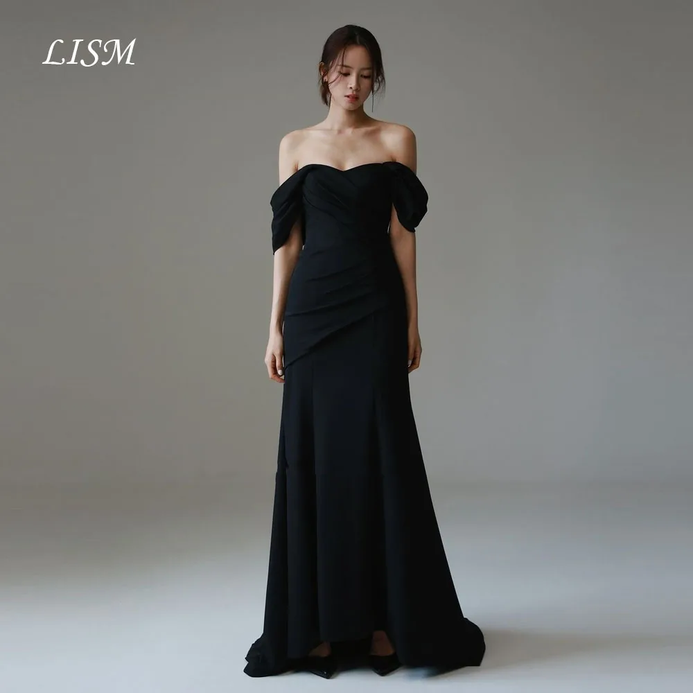 

LISM Korea Off Shoulder Elegant Simple Evening Dresses 웨딩드레스 Black Crepe Satin Custom Made Mermaid Prom Gowns Plus Size