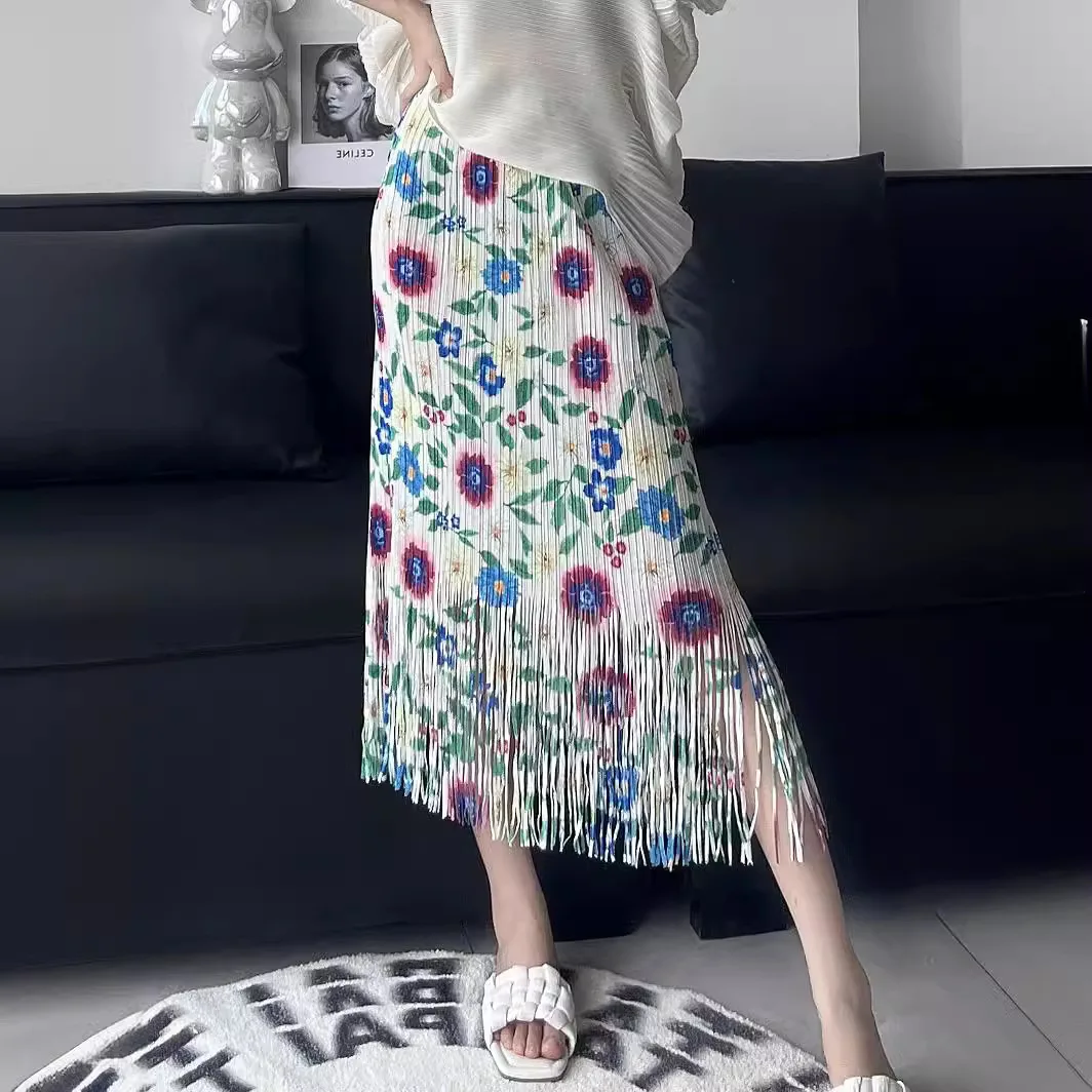 Miyake Package Hip Skirt Casual Printed Pleated Tassel Elastic Waist Half Skirt Japan Korea Loose Women's Skirt 2024 Summer New