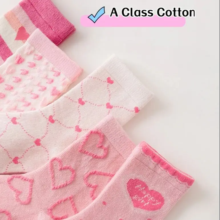 Little Girls Socks Spring Cotton Socks Baby 1-12T Children\'s Calf Socks Girl Cartoon Love Pattern 5 Pairs Socks