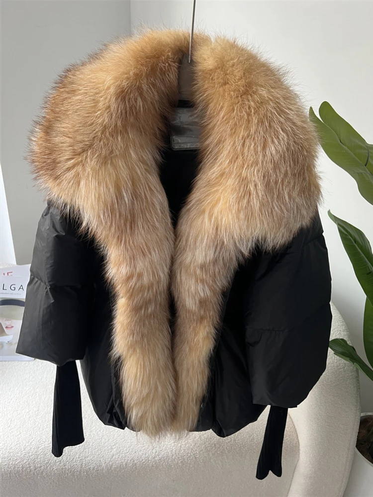 

2024 Large Real Silver Fox Fur Collar with Knit Sleeve Winter Women Coat White Duck Down Jacket Super Fashion Outerwear Luxury