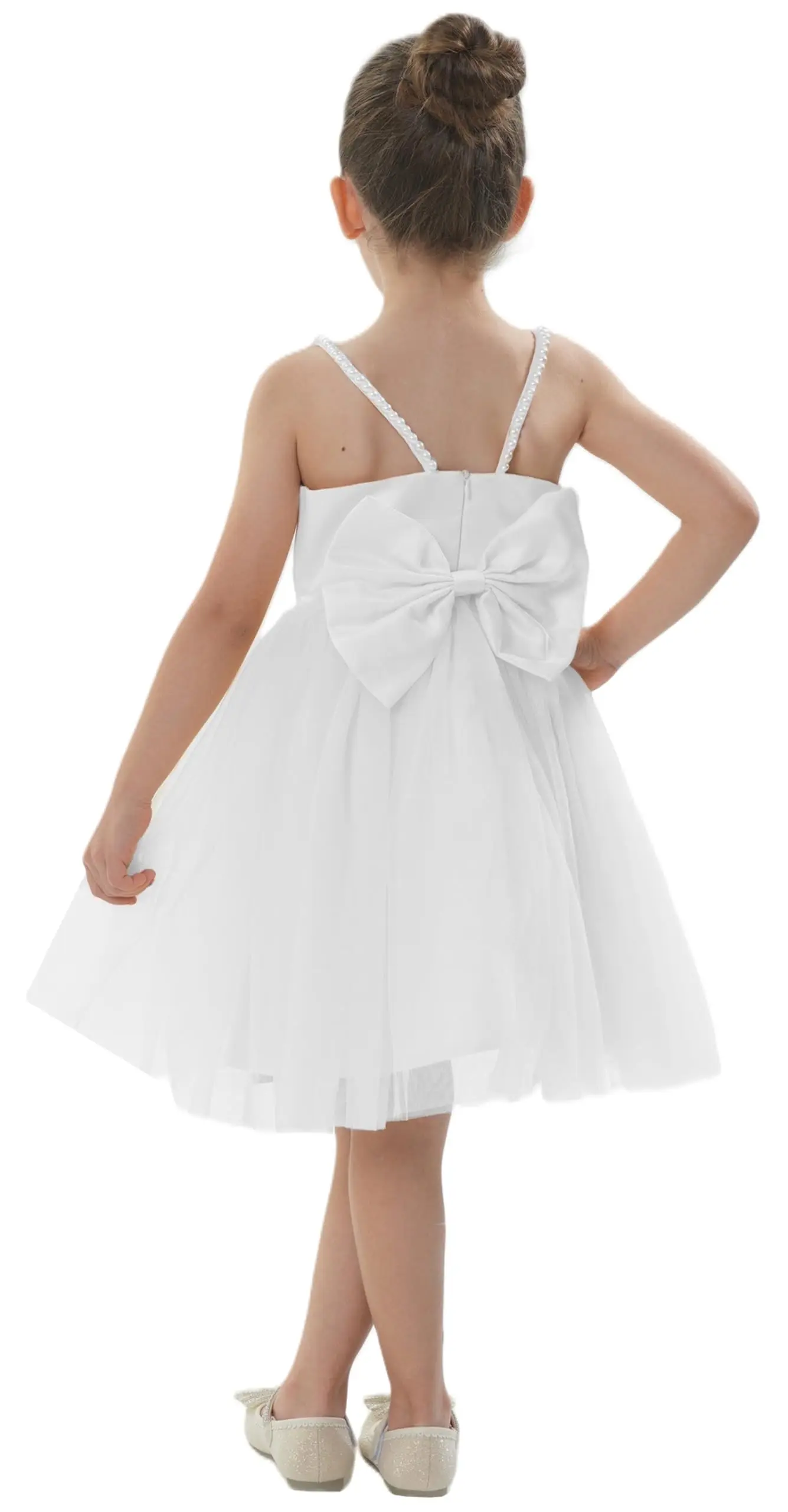 Girl Toddler Satin A-Line Pearl Strap Bow Tulle Flower Girl Dress【White】