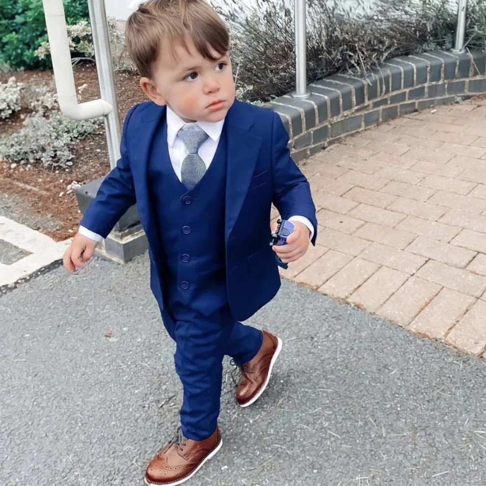 Blue Kids Boy King Suits Wedding Dress Clothing  Birthday Party Formal Outfits Sets  (Jacket + Pants+Vest)