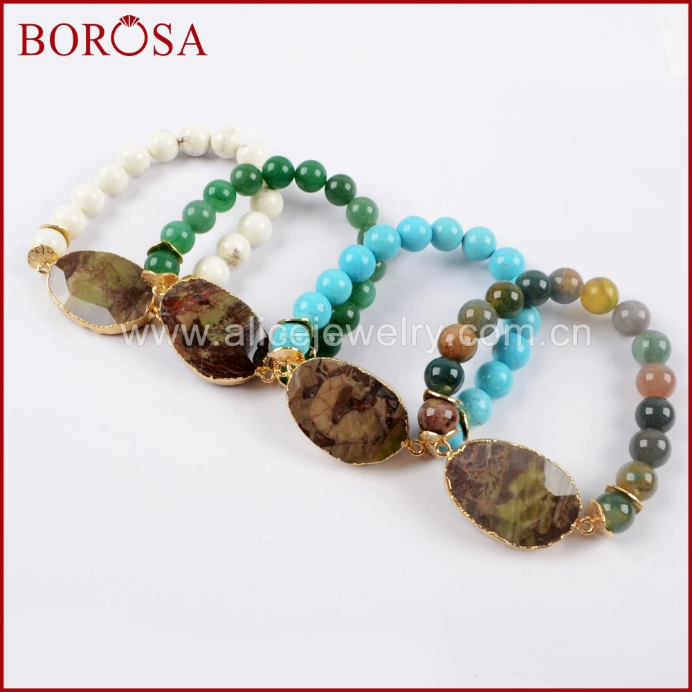 Trendy Gold Plated Faceted Spiderweb Agate With 10mm Multi-Kind Natural Jasper Stone Beads Bracelet for Women G1555