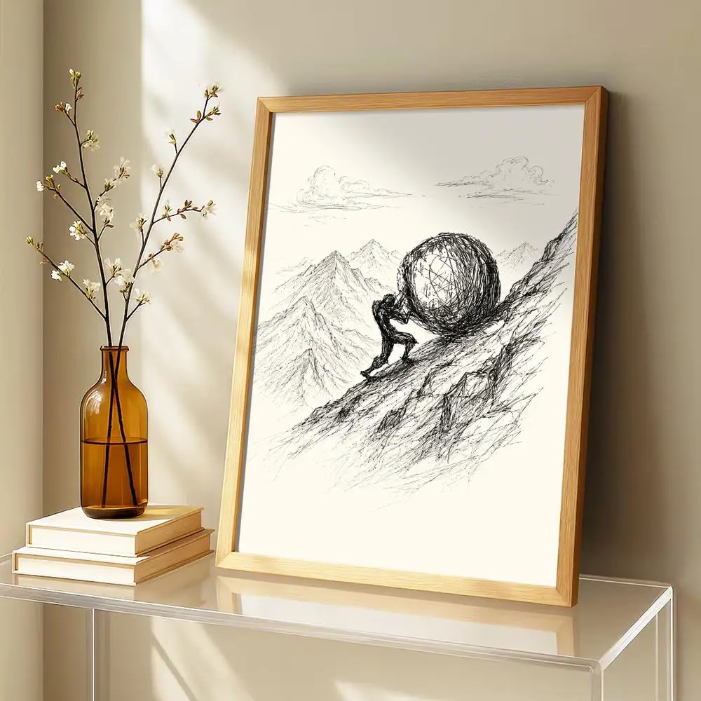 Sisyphus Pushing Boulder Up Painting Calligraphy Canvas Poster for Bedroom Living Room Home Decor Wall Decoration Decals Gift