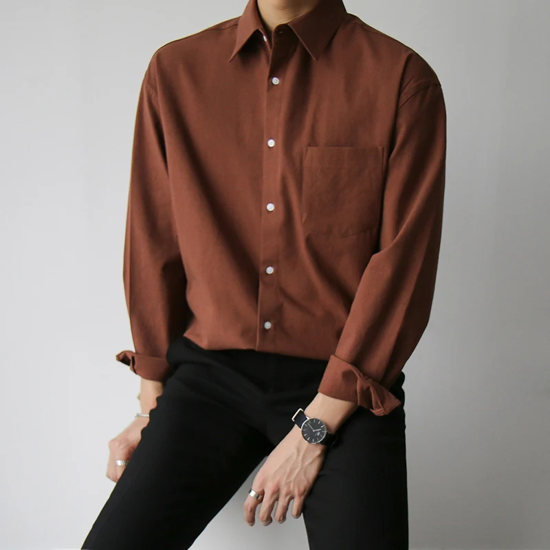 

Men's Casual Shirts with Long Sleeves Korean Tops Baggy Without Iron Work Lapel Collar Solid Color Fashion Autumn Blouses M89