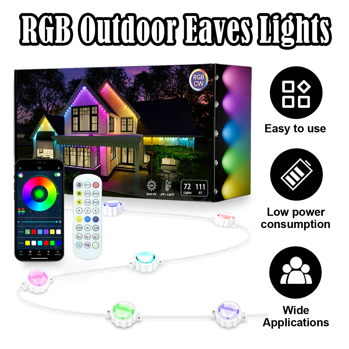 Bluetooth/WIFI Eaves Luzes Decoração À Prova D' Água Solar Xmas Outdoor Eave RGB Holiday String Xmax Luz Regulável Casa 24V/5V LED