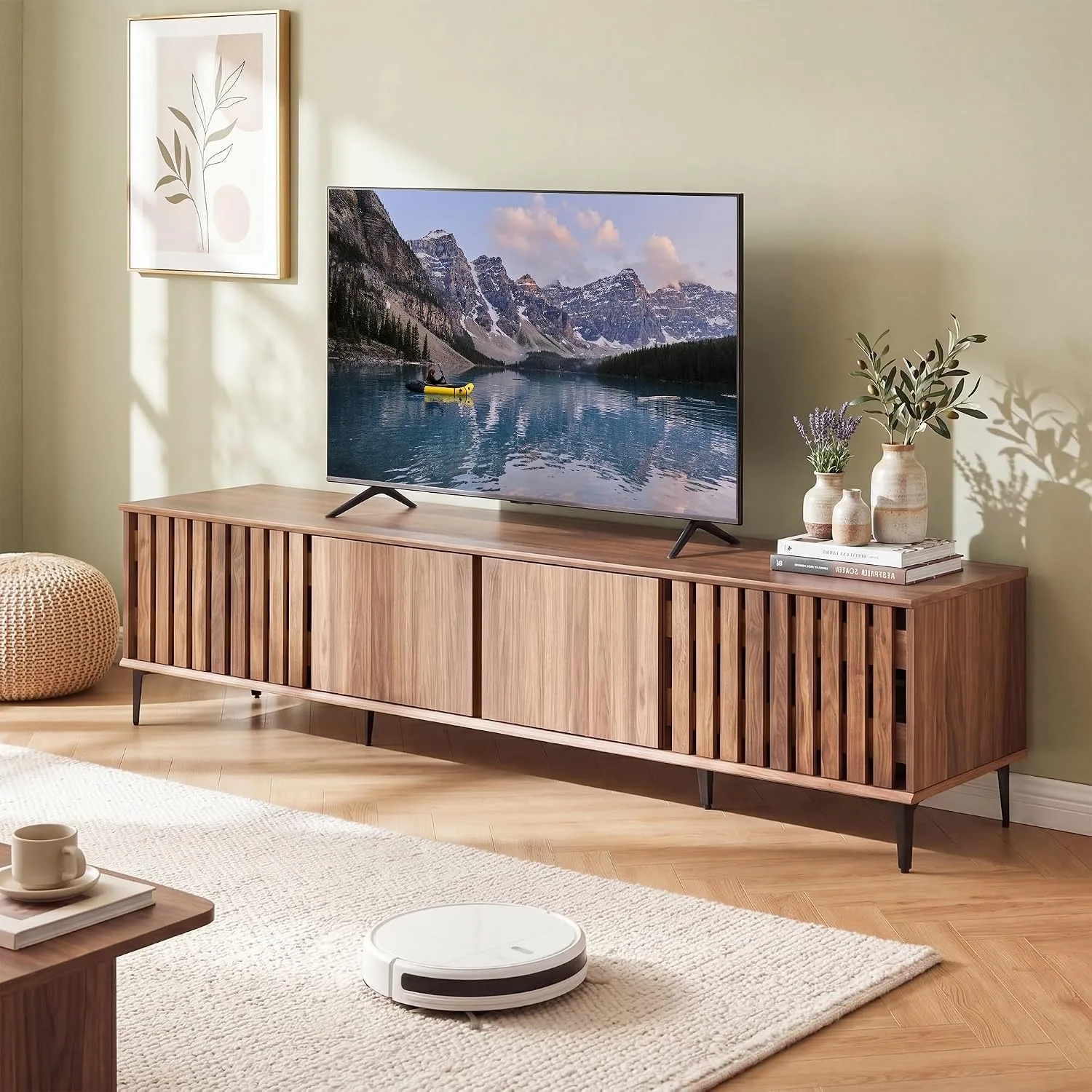 4-Door Mid Century Wooden TV Stand Adjustable Storage Fits 80in TV, Customized