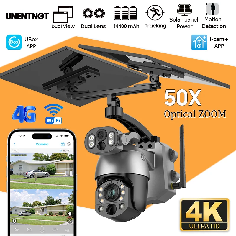 

4K 4G SIM Солнечная камера 10MP Двойной объектив 50-кратный зум наблюдения WIFI Открытый PTZ видеомонитор безопасности Обнаружение человека CCTV IP-камера