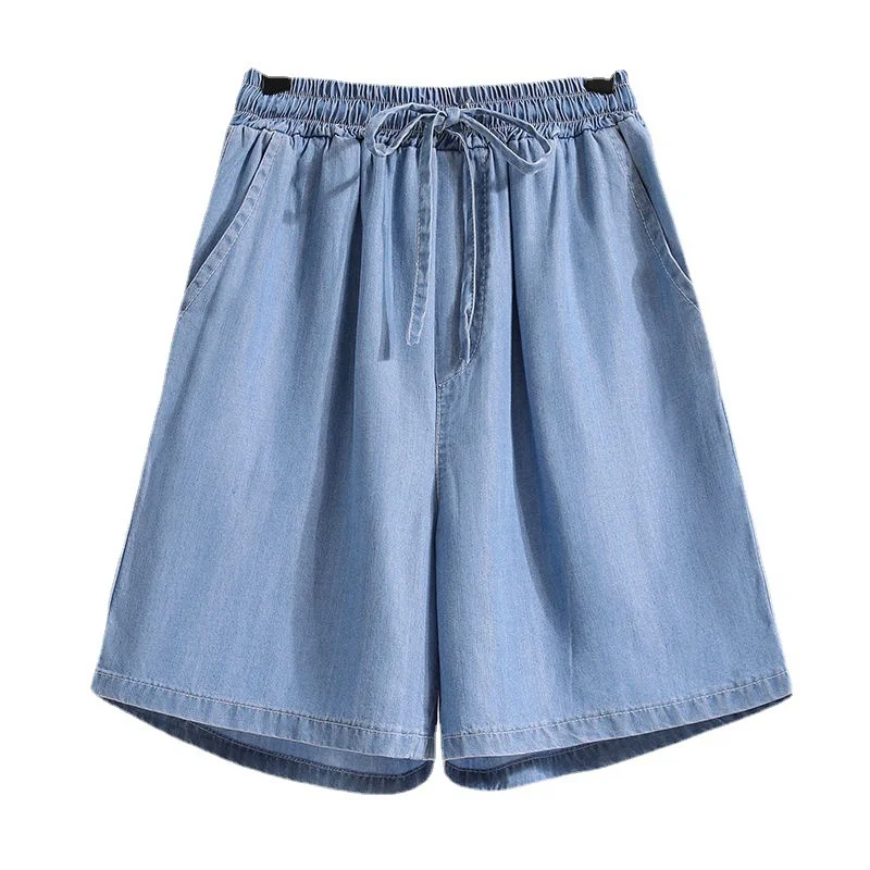 Tencel Denim Shorts Children\'s Summer New Thin Ice Silk Casual Five Point Loose Wide Leg High Waist A-shaped Hot Pants Large