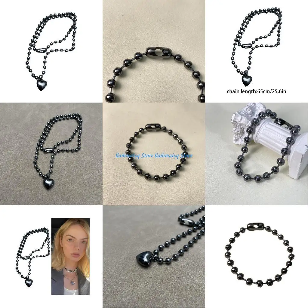 

573B Heart Pendant Necklace Bracelets Black Round Bead Necklace Statement Jewelry