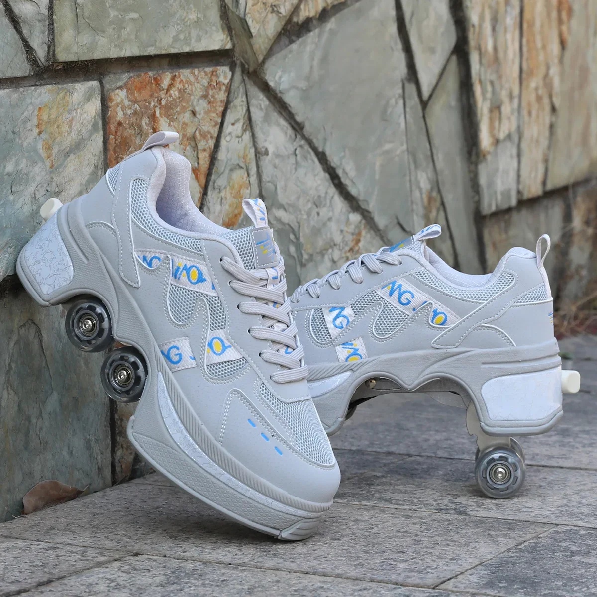 Kids Girls Boys 4 Wheels Skates Rounds Of Running Shoes Casual Sneakers Unisex Deform Roller Shoes Women Outdoor Skating Sport