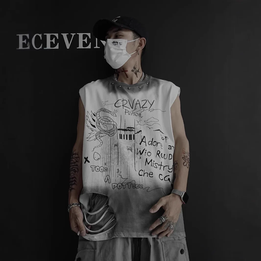 

Модная летняя мужская майка-безрукавка в винтажном стиле с принтом, свободного кроя, с дырками, из хлопка, с круглым вырезом