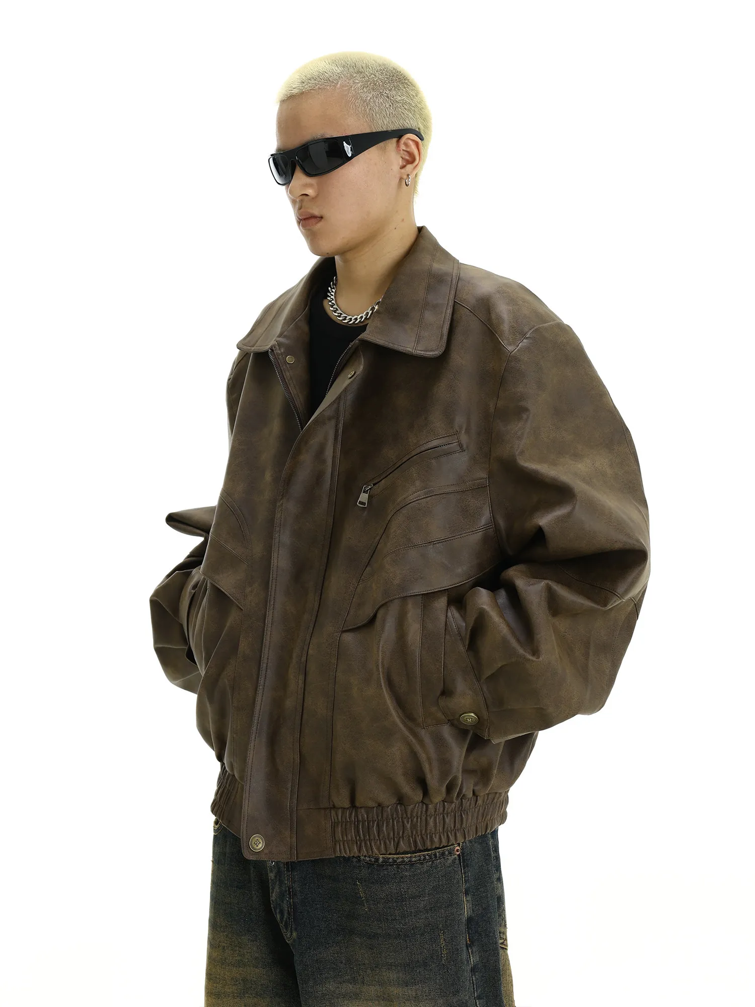 

American Retro Brown Leather Cotton Jaet Men's Autumn Winter Thi Warm Loose Casual Coat Youth ular Polyester Fiber