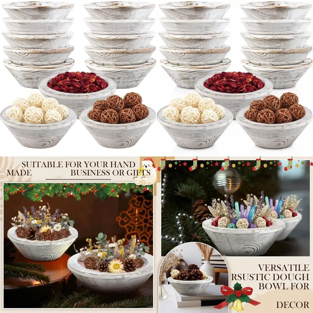 

10 Wooden Dough Bowls, Vintage Round Carved for Candle Making, DIY Crafts, Distressed White