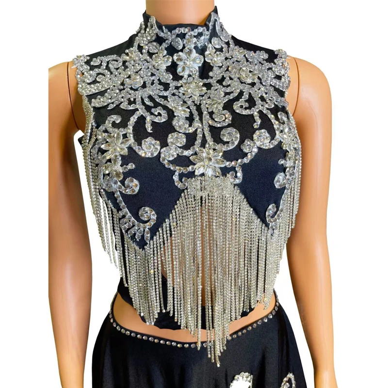 Strass completo jazz dança traje feminino grupo desempenho outfit bar boate dj ds palco festival saia superior rave wear xs9863