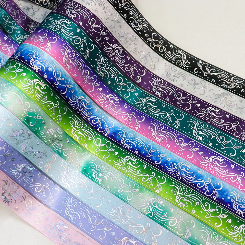 1'' 25mm Holographic Laser Silver Phoenix Printed Double Face Satin Ribbon For DIY Sewing Accessories Craft Supplies