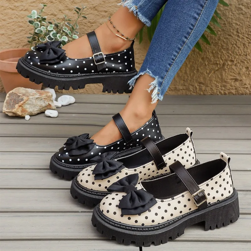 Spring Autumn Retro Polka Dot Bow Women's Mary Jane Shoes 2026 New Buckle Strap Casual Thick Soled Comfort Women Single Shoes