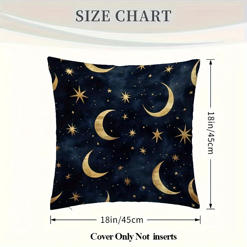 Midnight Blue Crescent and Star Double-Sided Decorative Pillowcase, Golden Galaxy Pattern Cushion Cover for Sofa Bedroom