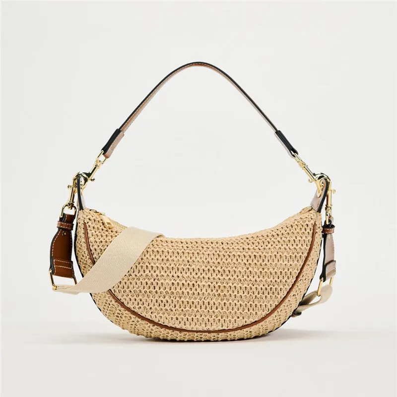 Casual Half Moon Straw Handbags Designer Wide Strap Shoulder Crossbody Bag Trend Summer Beach Bag Small Tote Phone Purses 2024