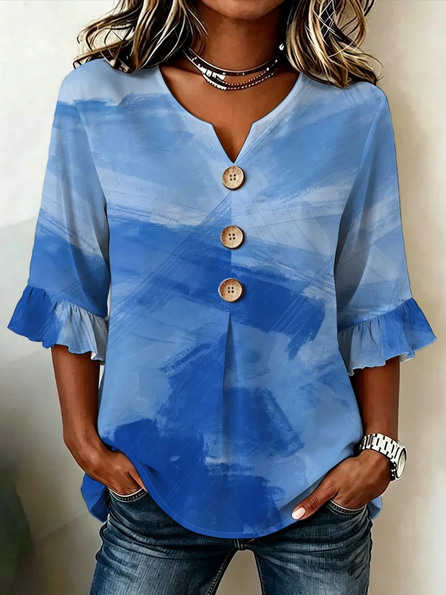 Plus Size Women V Neck Button Decor Blouse Refreshing Clean Blue Gradient Print Pullover Top for Vacation Trip Casual Relax Dail