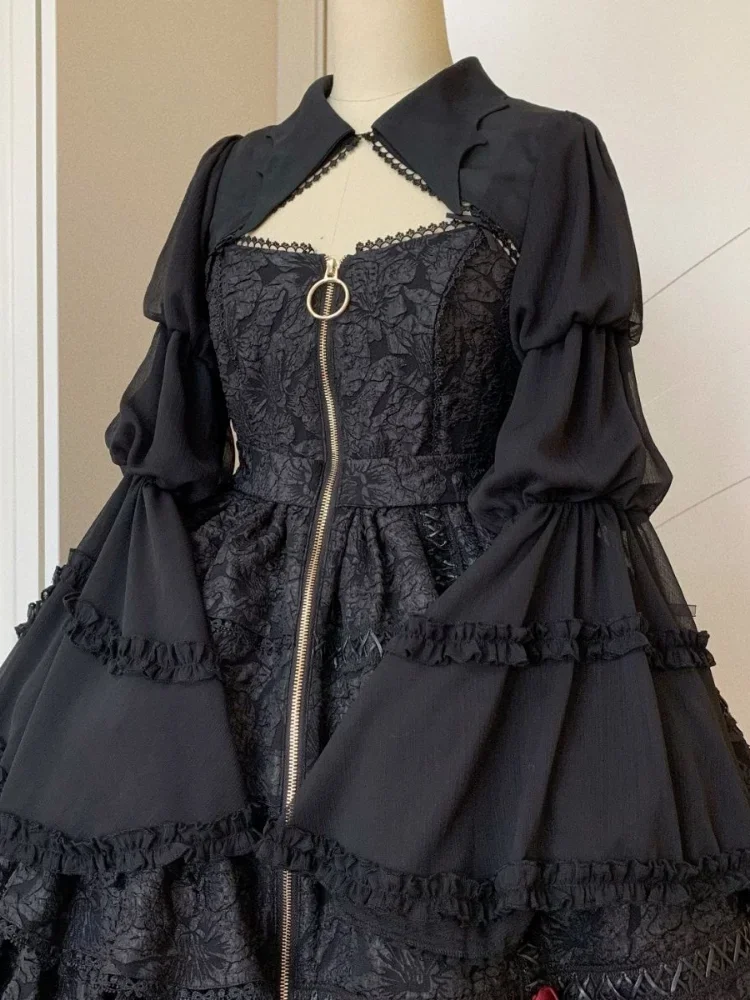 Women Loose Puff Sleeve Gothic Lolita Cardigan Blouse Lace Patchwork Black Cropped Shirts Japanese Harajuku All Match Capes Top