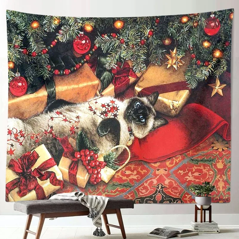 VIKAMA Cat Under Christmas Tree Gifts Tapestry, HD Print Wall Hanging for Pet Lover Bedroom Holiday Decor