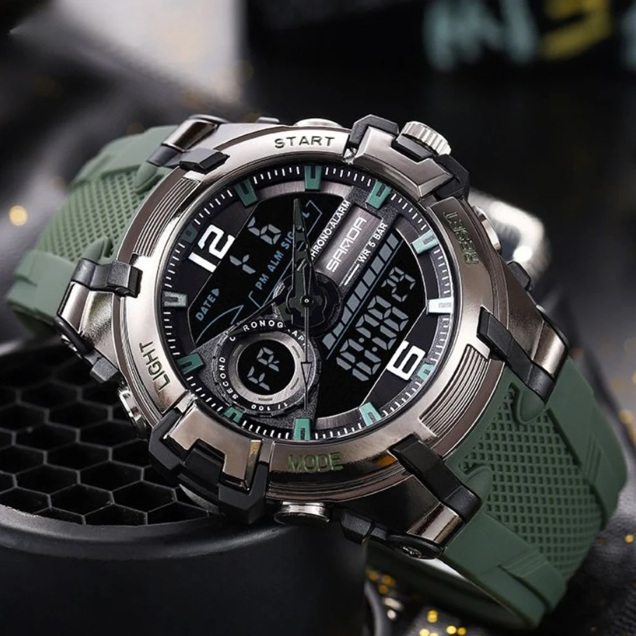 حار بيع ساعة رياضية رجالية جديدة، شخصية باردة للماء الساعات الإلكترونية المألوف الهاتفي عرض مزدوج ساعة المعصم