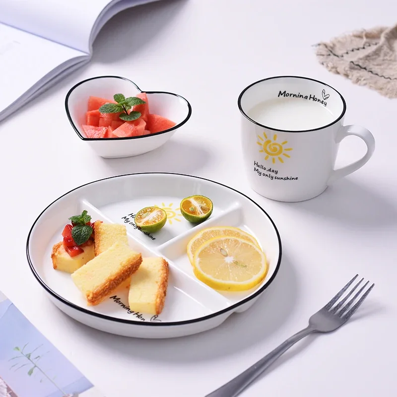 One Person Vegetable Plate Home Ceramic Cartoon Children's Divided Three Plate Panel Breakfast with Separate Dishes