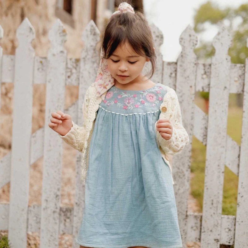 

Children's Floral Lapel Pure Cotton Lace Dress Girls Princess Ethnic Style Outfit Casual Vacation Matching Summer Costume 2024