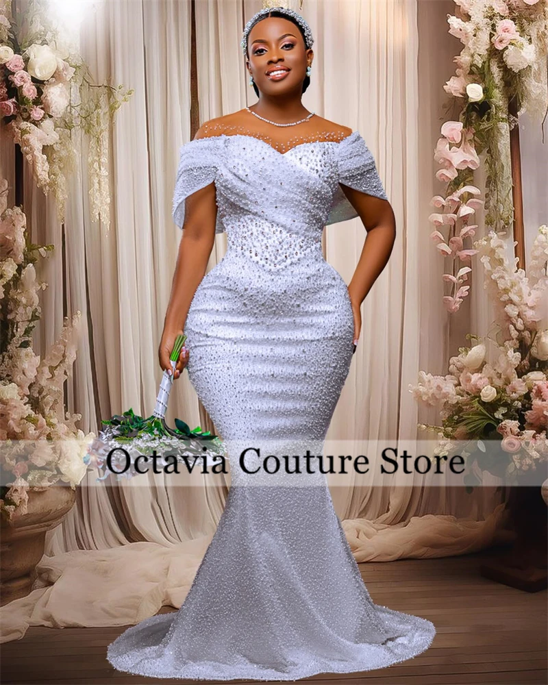 White Off The Shoulder Pleat Wedding Dresses 2024 Bead Crystal Formal Gown Pearls Bridal Dresses With Detachable Tail Customized