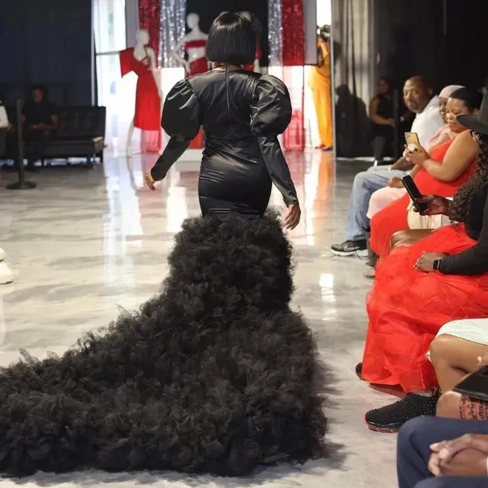 Robe de mariée sirène gothique noire, robes de patients à volants, col en V, manches longues, train en tulle, grande taille, 2024