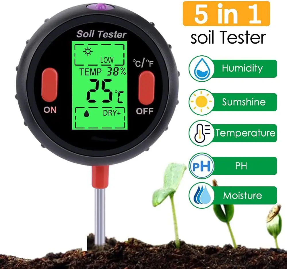 Probador de suelo PH, medidor de suelo 5 en 1, probador de humedad, Kit de probador de suelo de plantas con PH, luz y acidez de humedad para flores