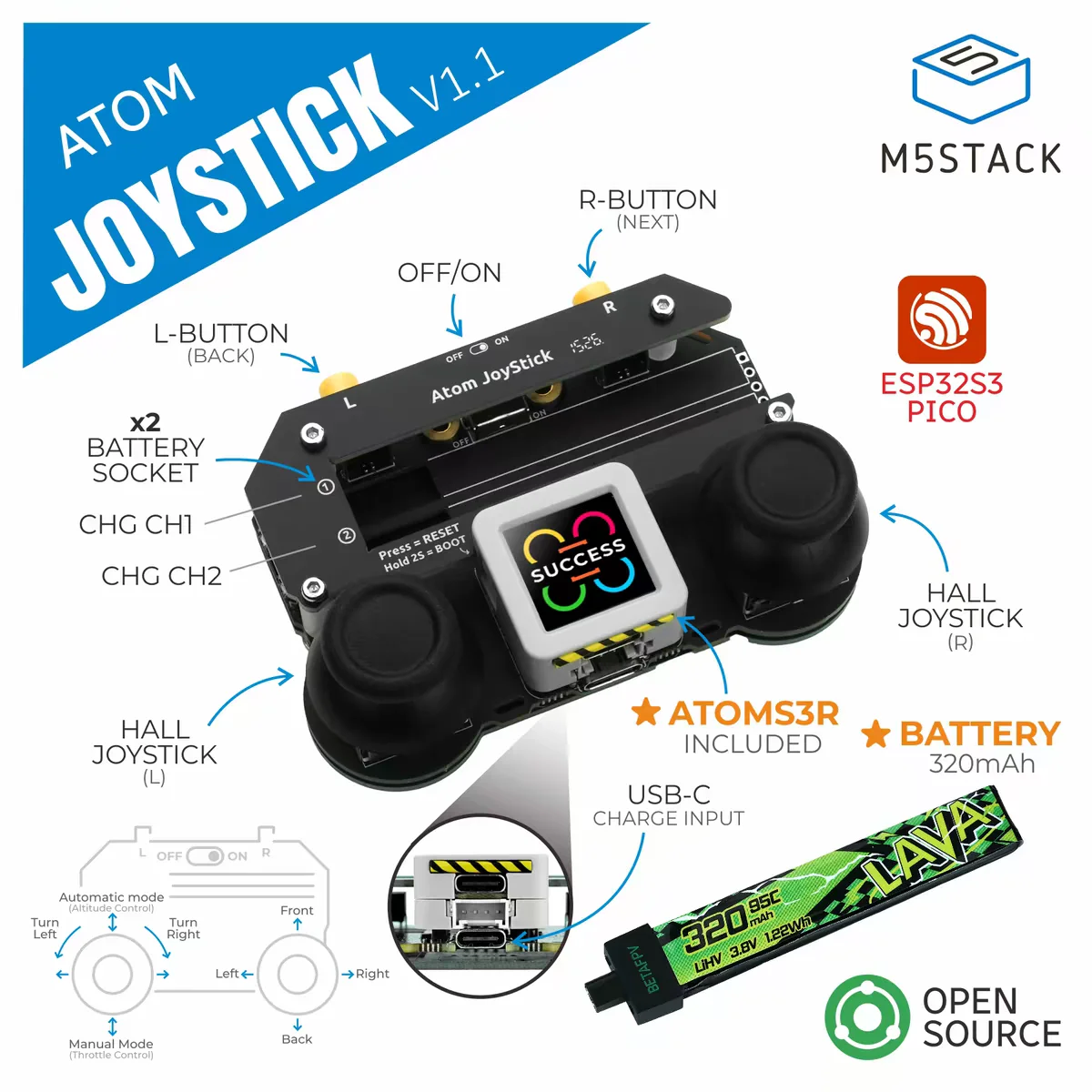 Official M5Stack Atom JoyStick v1.1 Programmable Dual joystick Remote Control Main Control AtomS3R