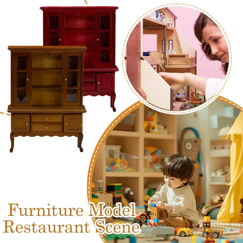 Mini aparador de almacenamiento 1:12, mueble en miniatura de nogal Retro, modelo de comedor, gabinete de almacenamiento