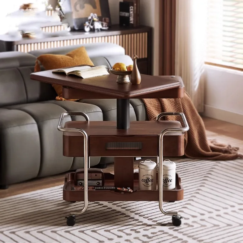 

Medieval style lifting coffee table side corner multi-functional small push table foldable movable living room household trolley