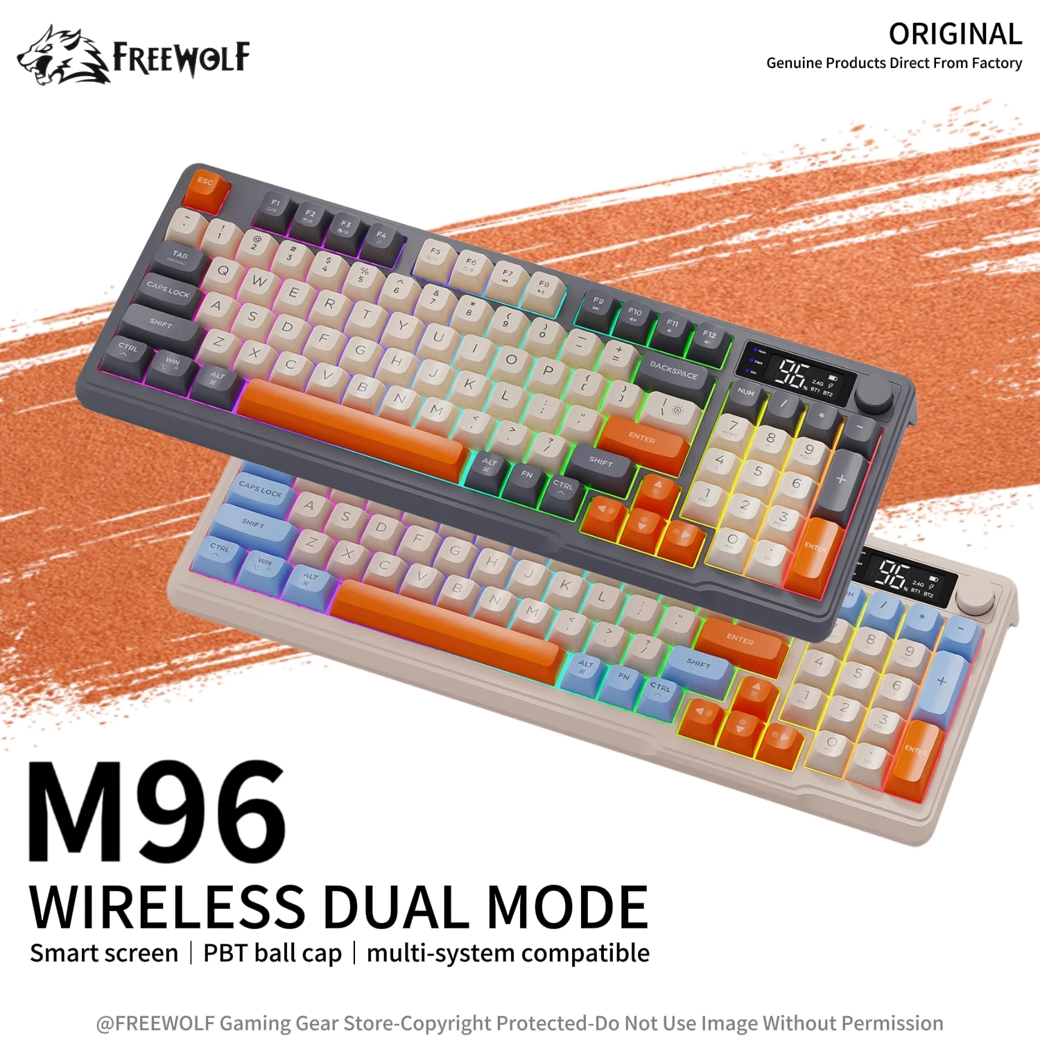 M96 Bluetooth Wireless Keyboard FREEWOLF Digital Display,RGB Backlight,2000mAh Battery & PBT Keycaps for PC/Laptop