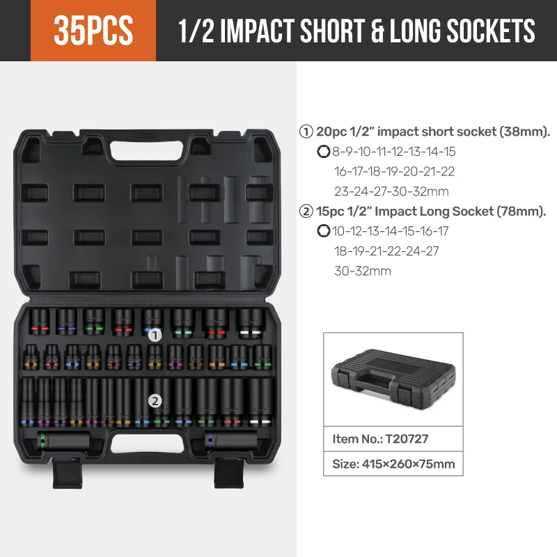 Imagem -05 - Hi-spec-chave Soquete Curta e Longa Porca de Soquete Longa Pneumática Driver Bit Grupo 832 mm Impact Air Cannon 35 Pcs