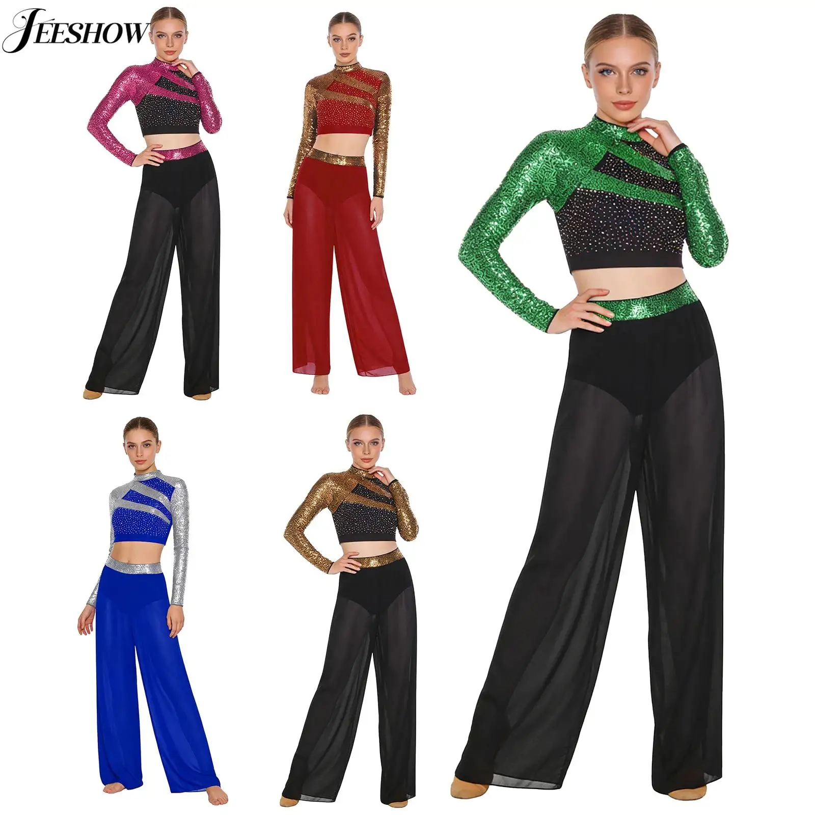 Womens 2 Piece Lyrical Dance Outfits Modern Dance Costume Sequins Rhinestone Crop Top with Side Split Tulle Pants Dancewear
