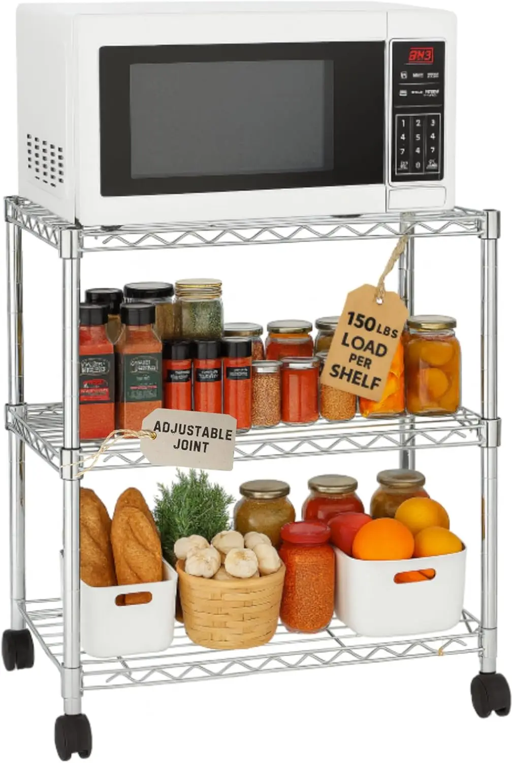 

3-Tier Heavy Duty Wire Shelving Unit with Wheels, 14"W x 24"L x 30"H Chrome Storage Rack for Garage, Pantry, Laundry