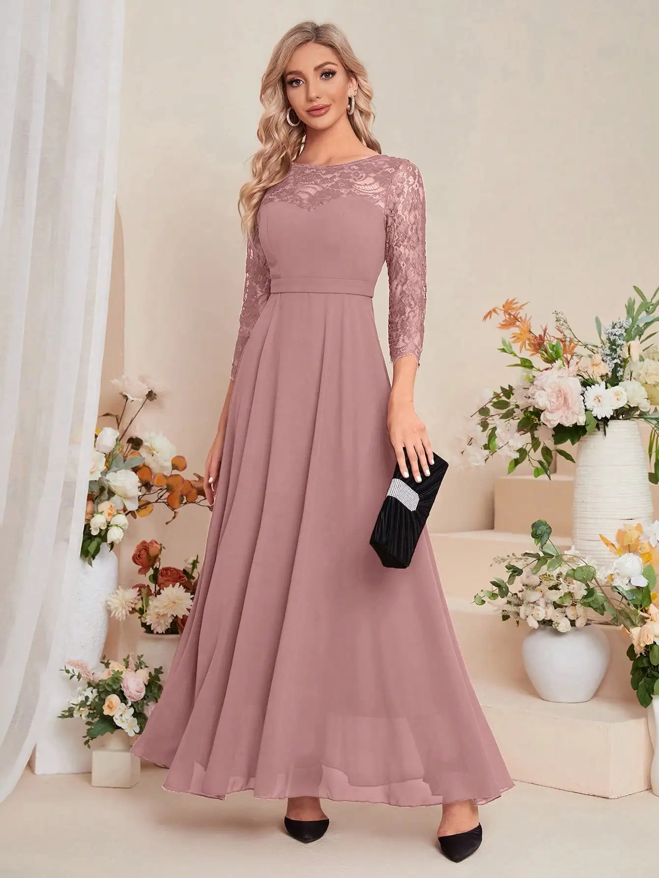 Unithorse Elegant Contrast Lace Chiffon Bridesmaid Dress