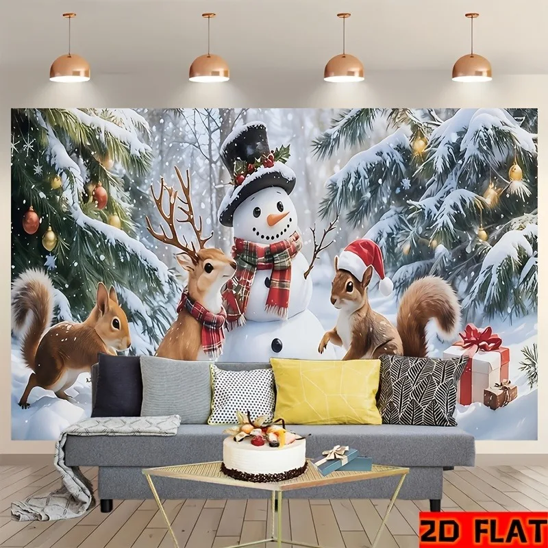 VIKAMA Snowy Fireplace Christmas Tapestry, Winter Hearth Tree Presents, Xmas Wall Hanging Decor for Holiday Home Party