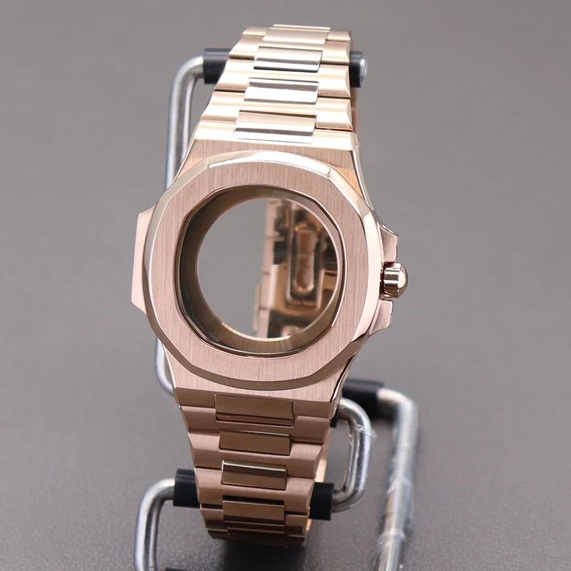 

Rose Gold Luxury Men's Watch Cases Strap Sapphire Crystal Glass Parts For Modified Nautilus Seiko NH34 NH35 NH36 NH38 Movement