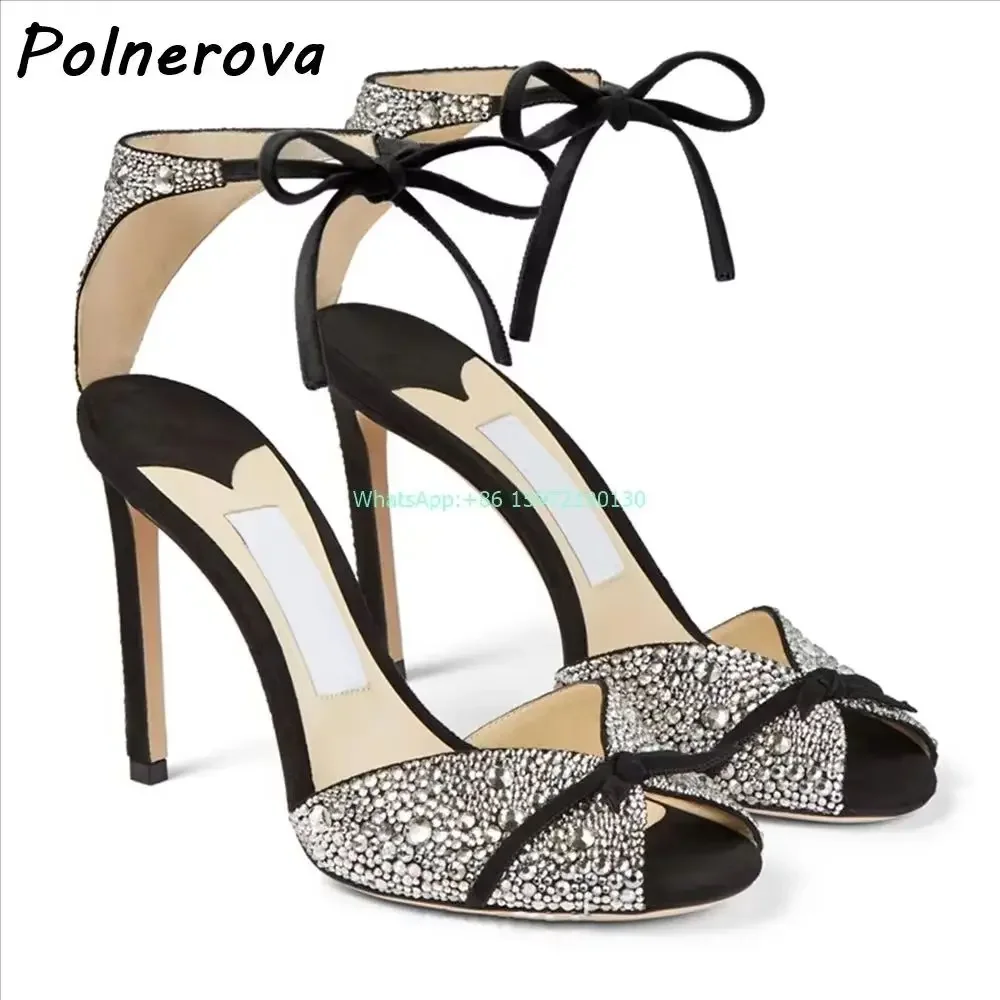 Black Crystal Bows Sandals Peep Toe Thin Heels Lace Up Ankle Band Mixed Color Shoes Summer Luxury Ladies Elegant Stiletto Shoes view 2