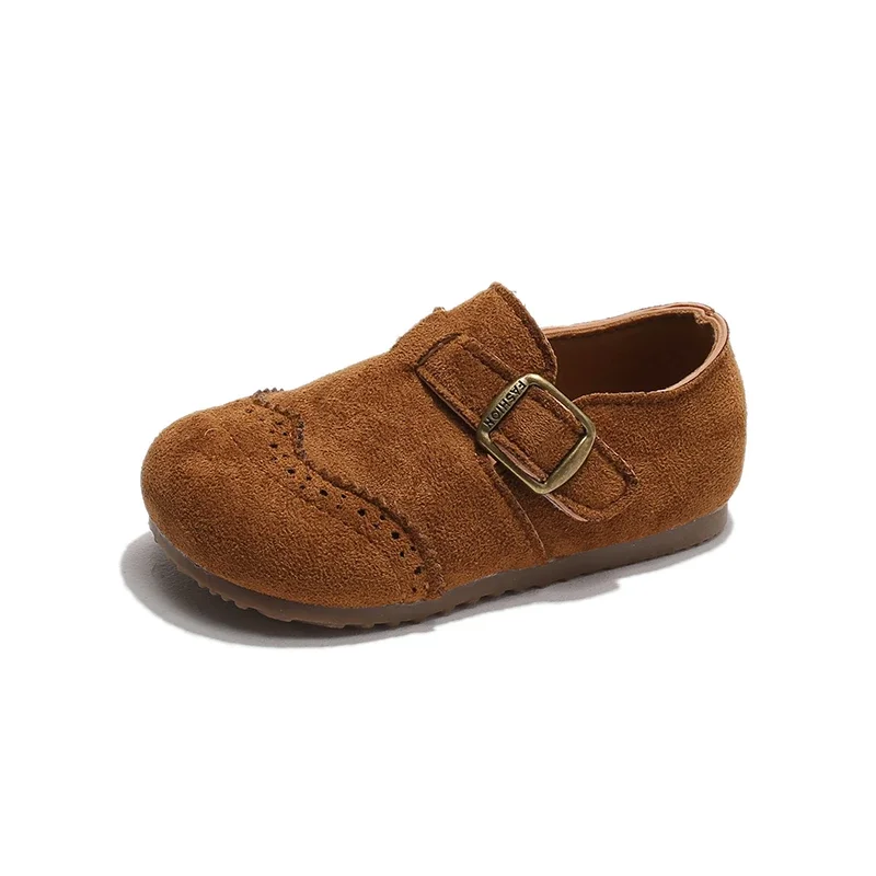 Little Girls Brogue Suede Flats, Adjustable Buckle Strap Wingtip Non‑Slip Soft Sole Dress Shoes