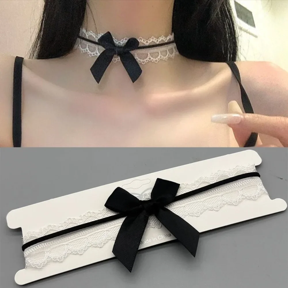 Black Lace Choker with Bow & Beads - Ruffled Mesh Neckband for Party, Wedding, Lingerie & Costume Accessories Belt Jewelry