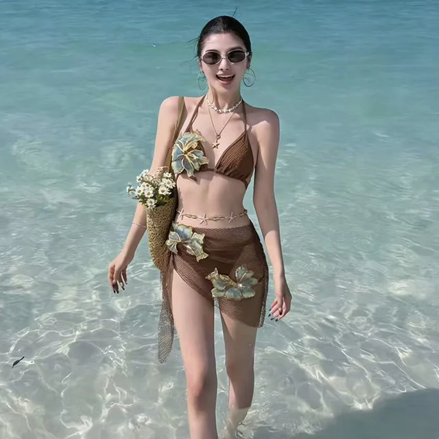 

Thai Style 2026 New Women's Swimwear Pure Desire Bikini Three-piece Set Strap Floral Hot Spring Bathing Suit Vacation Resort