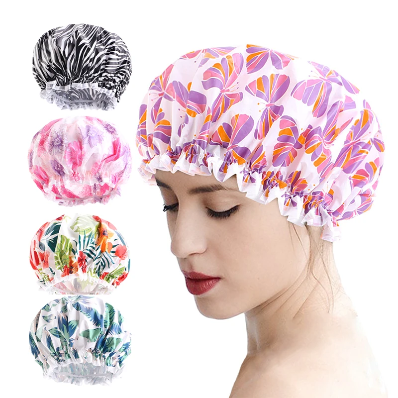 Gorro de baño impermeable para mujer, gorro de ducha con estampado Floral de borde elástico, sombrero de humo de aceite, suministros de salón, sombrero para el cuidado del cabello antipolvo, 2 unidades por lote